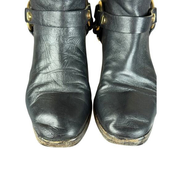 Stuart Weitzman Black Leather Harness Ankle Boots Size 7 Gold Hardware - Picture 8 of 11